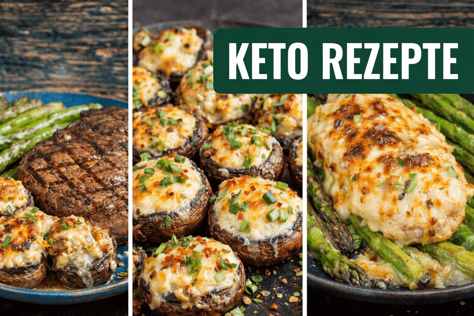 Keto Rezepte Übersicht mit Rindersteak, Spargel, überbackenen Champignons und Käse-Huhn